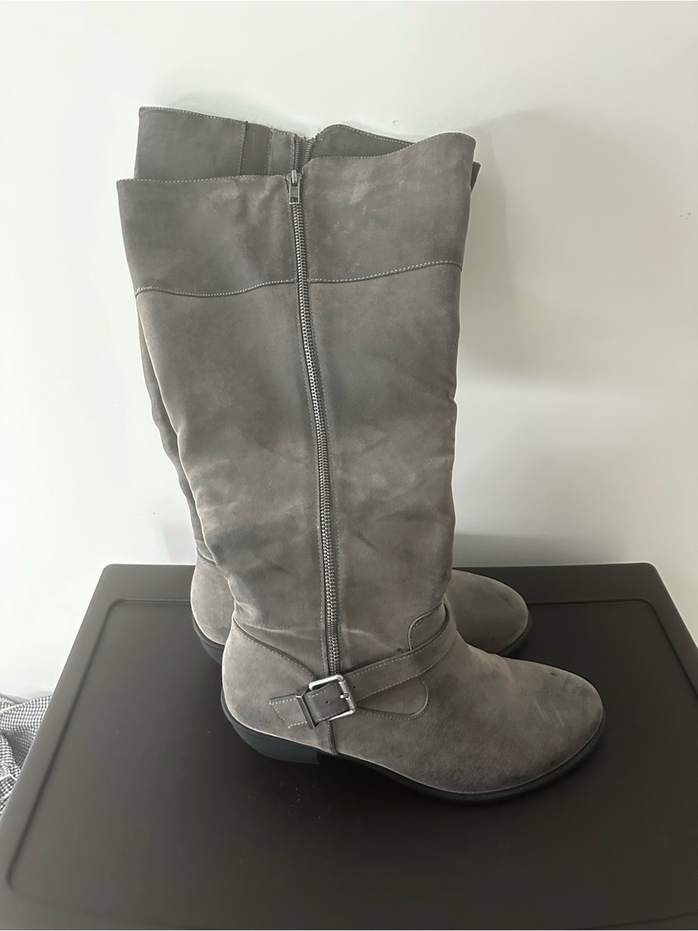 torrid Gray Suede Knee-High Zip Boots with Buckle